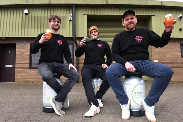 From left, Brewers Joe Carletti, Stuart Hazelden and owner John Rawcliffe, are getting ready to open their new brewery and taproom at State of Kind Brew Co, Hemfield Court, Ince.