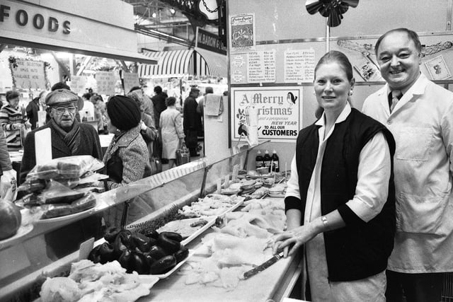 Joan and Jim Sutcliffe on their tripe stall in the old Wigan market hall in December 1987 just prior to closure of the building.