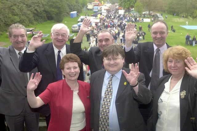 May Day Rally  All smiles from the platform party who opened Ther NULSC   May Day Gala at Haigh Hall Ian Mc Cartney and  Hazel Blears   Health Minister lead the waving.