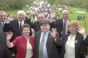 May Day Rally  All smiles from the platform party who opened Ther NULSC   May Day Gala at Haigh Hall Ian Mc Cartney and  Hazel Blears   Health Minister lead the waving.
