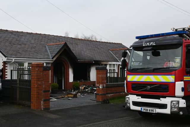 Greater Manchester Fire and Rescue Service at the scene of a fire at a bungalow on Primrose Lane, Standish.