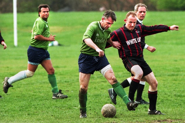 Action from Wigan Rovers 4-0 defeat of Pemberton Hare in the Wigan Amateur League Division One on Saturday 20th of April 1996.