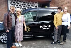 The Lathums' Alex Moore and Scott Concepcion with Noreen Bond and Maureen Holcroft, from Daffodils Dreams