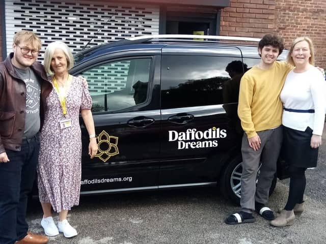The Lathums' Alex Moore and Scott Concepcion with Noreen Bond and Maureen Holcroft, from Daffodils Dreams