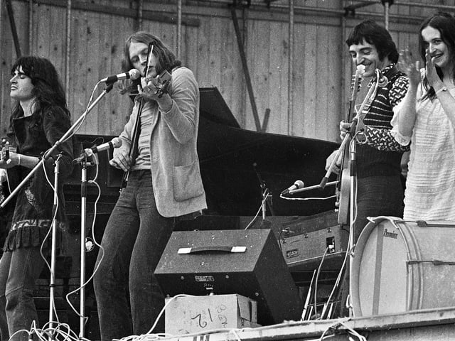 Scottish psychedelic folk band "The Incredible String Band" playing at Bickershaw Festival in 1972.