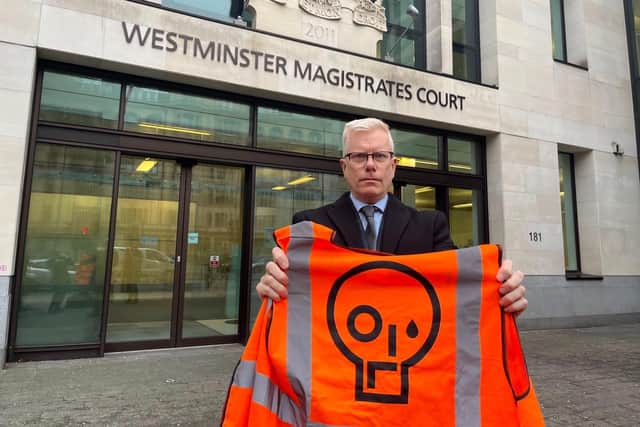 Just Stop Oil supporter Alan Woods outside Westminster Magistrates' Court