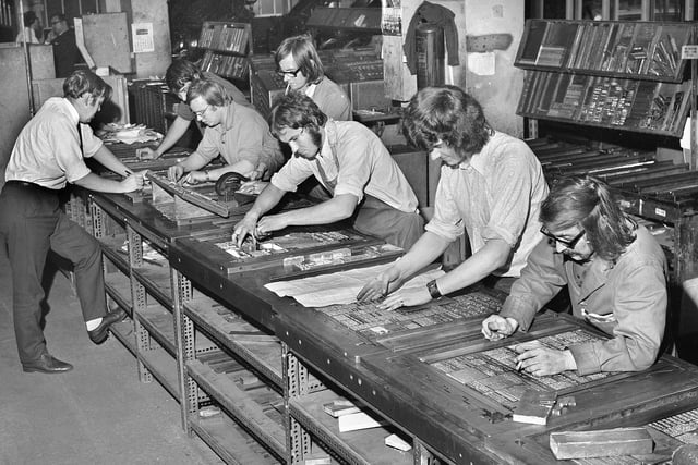 Compositors setting up the lead type into pages for the Post and Chronicle newspaper at Brock Mill in Leyland Mill Lane in 1971.