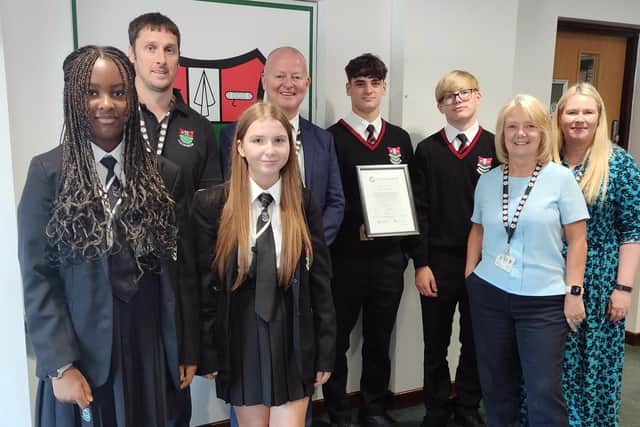 Bedford students, members of the school’s careers team and headteacher Paul McCaffery celebrate the school’s Quality in Careers Accreditation success