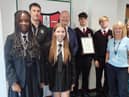 Bedford students, members of the school’s careers team and headteacher Paul McCaffery celebrate the school’s Quality in Careers Accreditation success