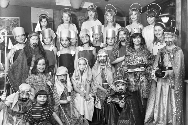 Juniors of St. Peter's Primary School, Bryn, with their nativity play in December 1973.