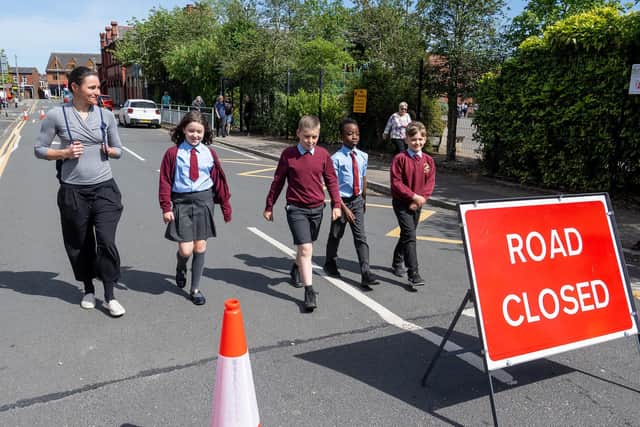 Dame Sarah Storey and school pupils using School Street.