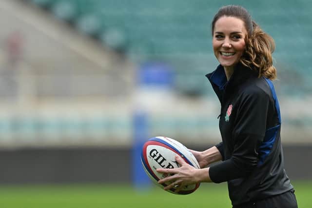 The Princess of Wales during a training session with England Rugby Union (Photo by JUSTIN TALLIS/AFP via Getty Images)