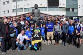 The Joseph's Goal walkers celebrate reaching Blackpool last season - this time they'll be walking from Bloomfield Road back to the DW!