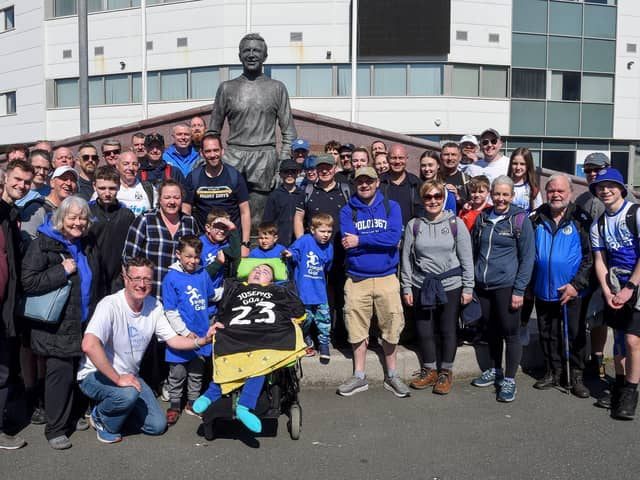 The Joseph's Goal walkers celebrate reaching Blackpool last season - this time they'll be walking from Bloomfield Road back to the DW!