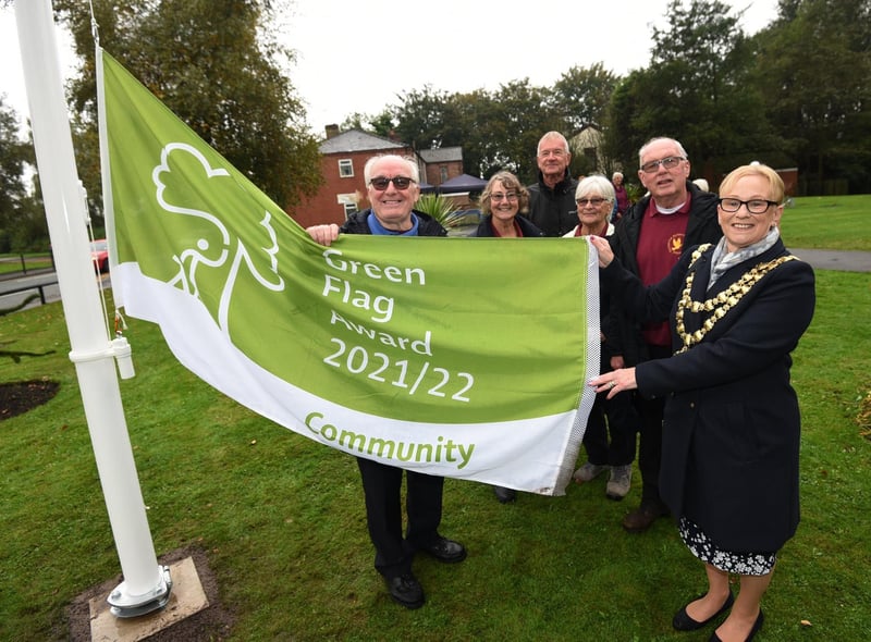 Flashback: The former Mayor of Wigan Coun Yvonne Klieve, pictured with The Bridges Community group volunteers, who maintain Colliers Corner garden, off Lovers Lane, Howe Bridge, which has once again been awarded The Green Flag.
