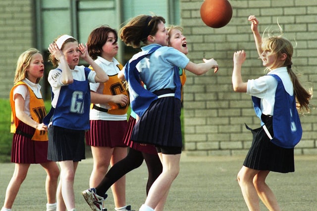 Netball action at Nicol Mere Primary School, Ashton, on Tuesday 11th of March 1997.