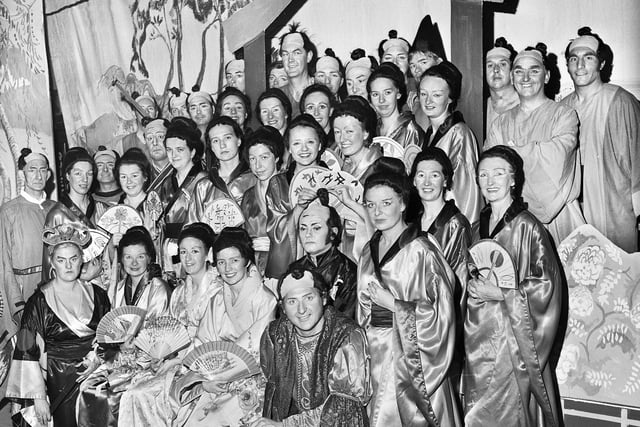 The cast of "The Mikado" staged by Wigan Gilbert and Sullivan Society at St. John's Hall, Wigan, in October 1971.