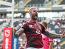 Zak Hardaker celebrates scoring a try against  Hull FC last September