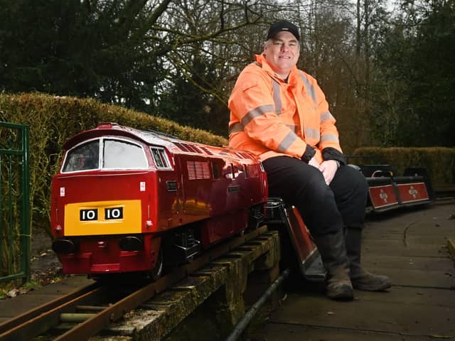 Chair of Wigan and District Model Engineering Society Lee Worthington. Feature on the Miniature Railway operated by volunteers at Wigan and District Model Engineering Society, the trains are popular with children and adults visiting Haigh Woodland Park, Wigan.