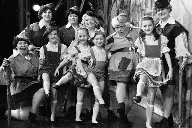 Les Dawson's comedy dance group "The Roly Polys" with girls from Wigan's Betty Buckley dance school Vanessa Hindley, Zoe Moss, Rebecca Howard and Melisa Price at a press call for the "Babes in the Wood" pantomime at the Palace Theatre, Manchester, on Thursday 12th of December 1985.
