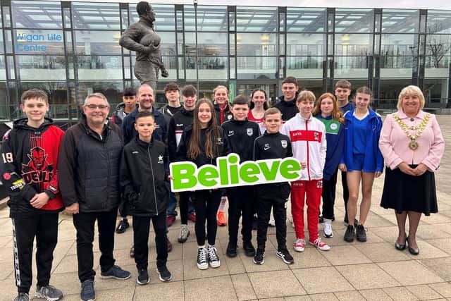 The Mayor of Wigan Coun Marie Morgan and Coun Chris Ready with the latest recipients of Believe Talent Fund grants