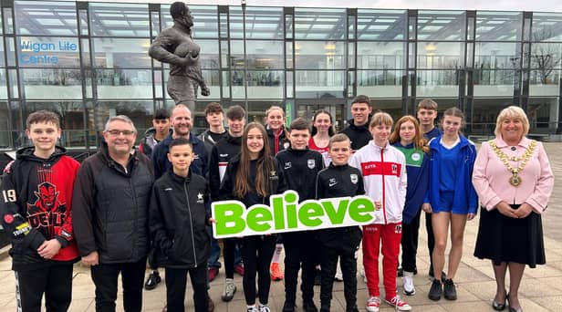 The Mayor of Wigan Coun Marie Morgan and Coun Chris Ready with the latest recipients of Believe Talent Fund grants