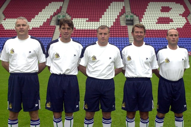 WIGAN ATHLETIC PHOTOCALL 2002-2003.  THE MANAGEMENT...Alex Cribley (physiotherapist), left, David Lowe (First Team coach), Paul Jewell (manager), Chris Hutchings (assistant manager) and David Hamilton (chief scout).