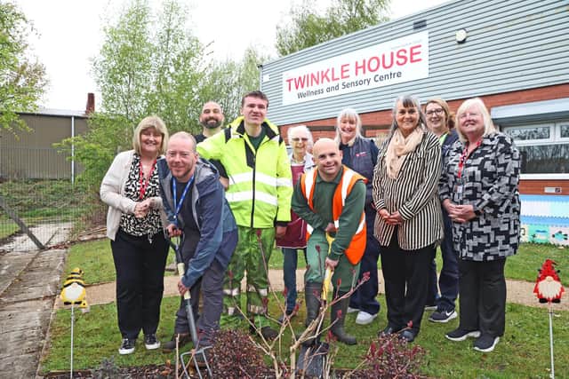 From left to right: Deirdre Mitten, Centre Manage at Twinkle House; Ben Pendleton, Contracts Instructor at Midstream Garden Centre; John Duxbury, Facilities officer at Twinkle House; Matthew, Twinkle House client; Vera Vaughn, Twinkle House Volunteer; Daniel, Twinkle House Client; Kath Jones, Essity Skelmersdale site; Debrah Hughes, Finance Officer at Twinkle House; Amanda Rose, Essity Skelmersdale site; and Tina Duffy, Sleep Therapist Twinkle House.