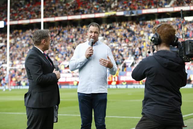 Adrian Morley speaks pitchside at last year's Grand Final between St Helens and Leeds