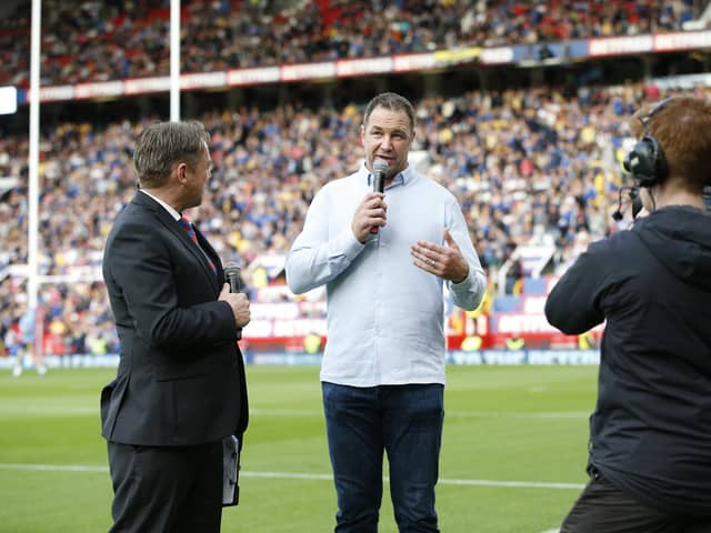 Adrian Morley speaks pitchside at last year's Grand Final between St Helens and Leeds