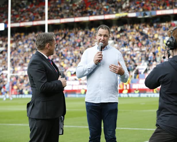Adrian Morley speaks pitchside at last year's Grand Final between St Helens and Leeds
