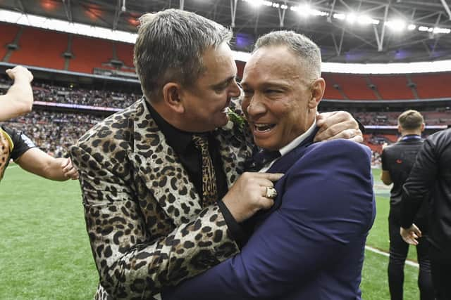 Leigh owner Derek Beaumont's & head coach Adrian Lam celebrate Challenge Cup final victory over Hull KR at Wembley