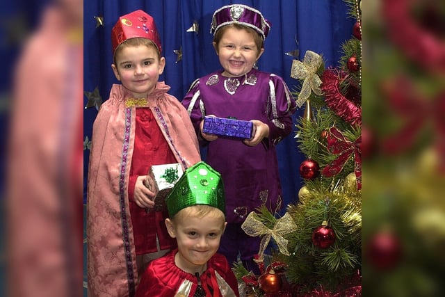 The three kings, Nathan Potter, Thomas Hartles and Cameron McKay, with their gifts ready to deliver during the infants of Hindley Green Junior and Infants School performance of "The Sleepy Shepherd".