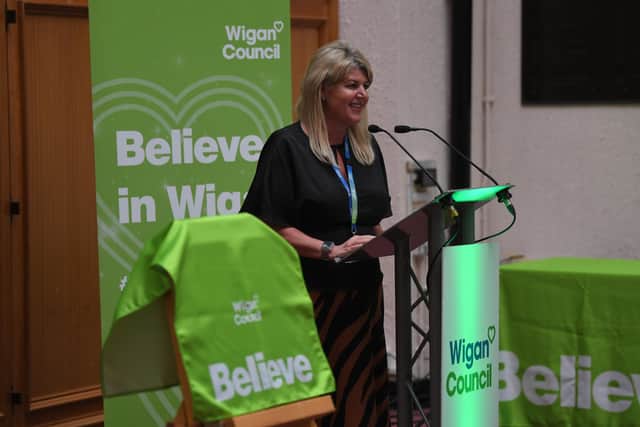Wigan Council chief executive Alison McKenzie-Folan addresses the audience at Wigan Town Hall