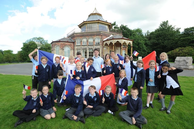 Mab's Cross Primary School year five pupils with Gregoire Humeau, the French ambassador from Angers, during a French Day at Mesnes Park