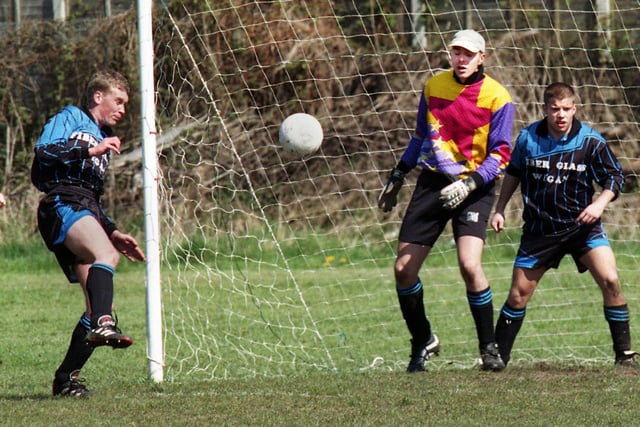 Action from Hawkley v Athletico Wigan in the South West Lancs Division 2 match on Sunday 16th of April 2000.
Hawkley won 5-0.