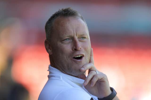 WALSALL, ENGLAND - JULY 09: Walsall manager Michael Flynn looks on during the Pre-Season Friendly between Walsall and Aston Villa at Poundland Bescot Stadium on July 09, 2022 in Walsall, England. (Photo by Malcolm Couzens/Getty Images)