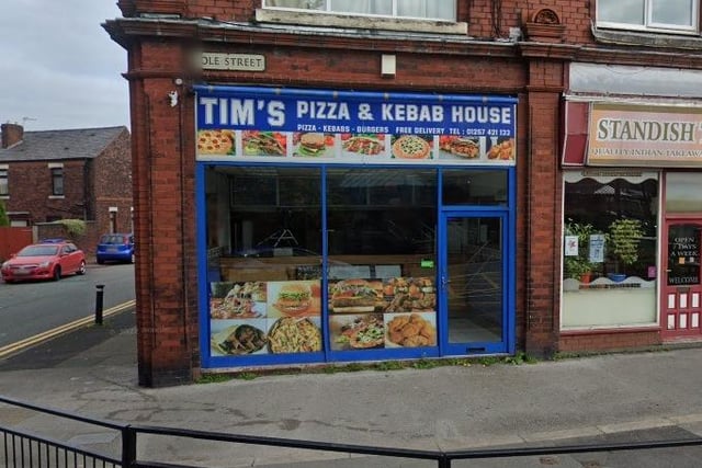 Tim's Pizza & Kebab House on Pole Street, Standish, has a rating of 4 out of 5 from 105 Google reviews. Telephone 01257 421133