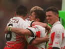 Jason Robinson celebrates scoring in the 1995 final
