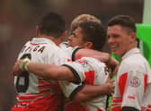 Jason Robinson celebrates scoring in the 1995 final