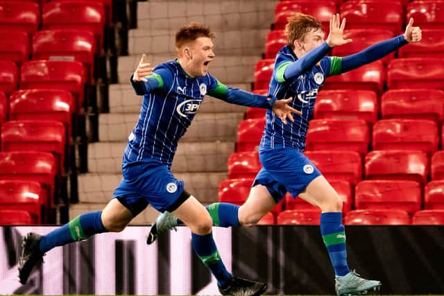 Sean McGurk celebrates his goal for Latics against Manchester United in the 2019/20 FA Youth Cup with Luke Robinson