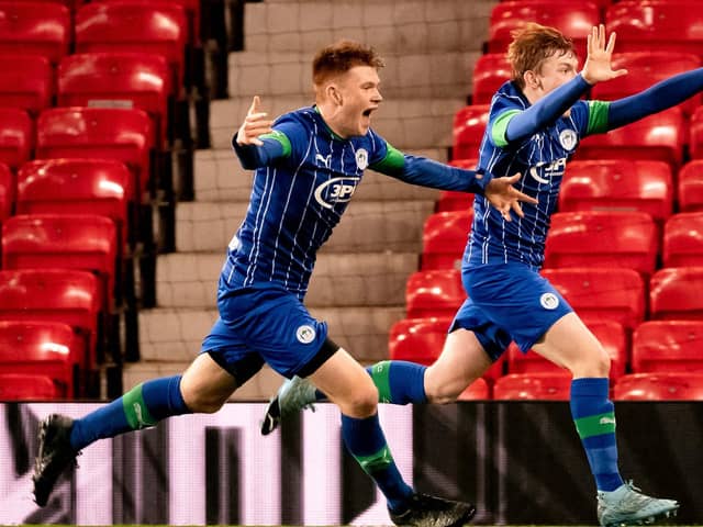Sean McGurk celebrates his goal for Latics against Manchester United in the 2019/20 FA Youth Cup with Luke Robinson
