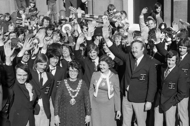 The Wigan Athletic team are welcomed to Wigan town hall by the mayor, Coun. Ethel Naylor and deputy, Coun. Marian Pratt, on Sunday 29th of April despite losing in the FA Trophy final.