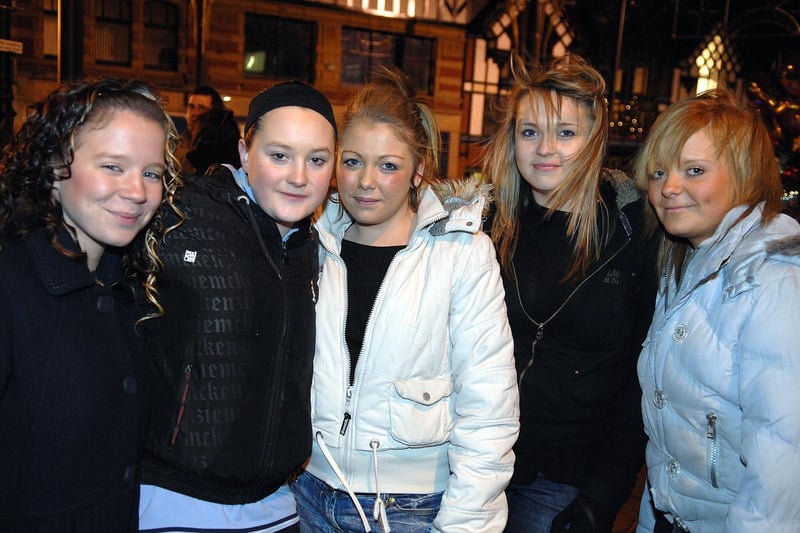 LTR: Katie Hetherington, Karen Benbow, Emma Pryle, Grace power and Katie House at Wigan Christmas Light switch on 2007