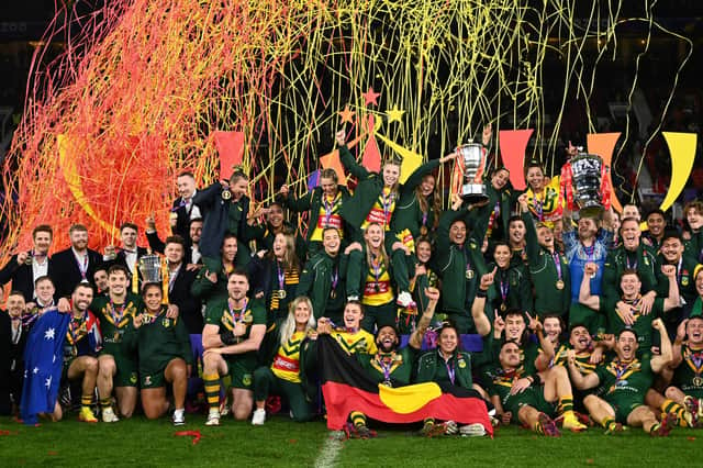 All three winning teams from the different competitions gathered on the pitch at full time of the men's final (Photo by Gareth Copley/Getty Images)