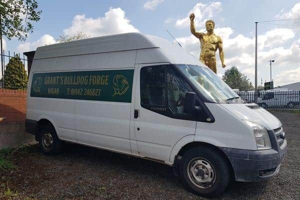 The statue standing proudly on the car park at Grant's Bulldog Forge