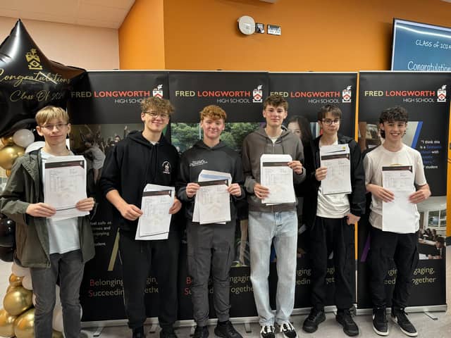 Fred Longworth High pupils James Hollingswort, Tom Costello, Sean Courtney, Adam Vallaley, Isaac Roberts and Jack Smith with their GCSE results