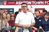 Andy Burnham speaks as he celebrates his victory ithe Makerfield by-election, at Ashton Town Football Club