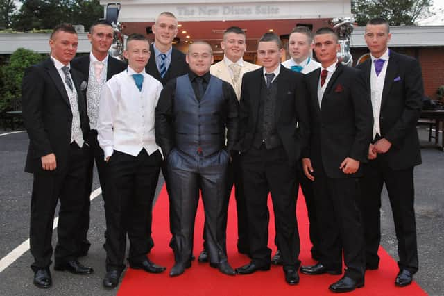 St Peter's Catholic High School Leavers Ball - from left, Matt Charnock, Ste Higham, Jack Wilson, Mike Attwood, Shane McGartland, Jonny Turner, Joe Cheers, Steven King, Lewis Hewitt and Matt Sykes