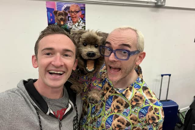 Luke Marsden with Hacker T Dog and 'manager' Phil Fletcher at the latest Wigan Comic Con